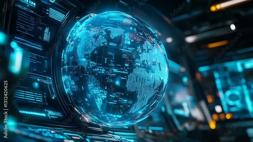 Aufkleber a futuristic interface with a transparent holographic globe displaying real-time global information