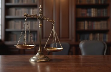 Scales of justice on wooden table. Bronze balance, law concept. Courtroom library background. Symbol legal balance between crime punishment. Judge consider case, lawyer represent client. Equality