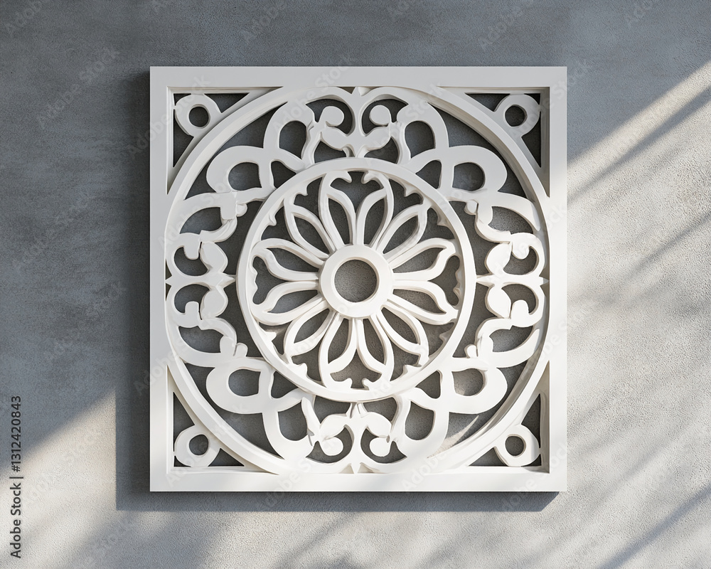 Poster white square frame with intricate cutout floral pattern, showcasing decorative design element for in