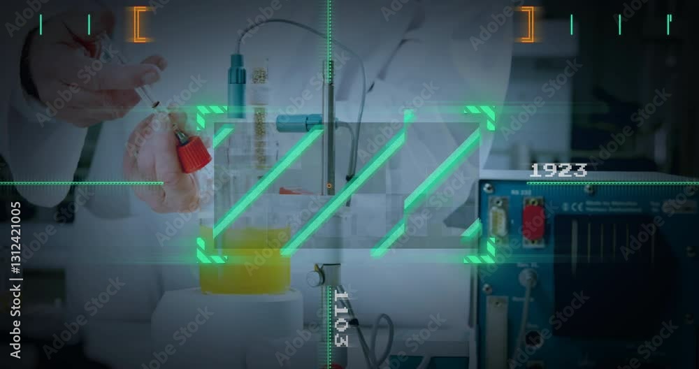 Poster in laboratory, animation showing scientific equipment and data processing in action