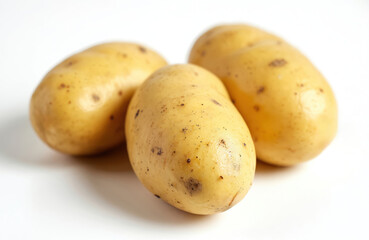 Three raw potatoes with peel on blank white background. Fresh whole potato tubers, uncooked natural tasty root vegetables. Vegetarian vegan diet ingredients close-up.