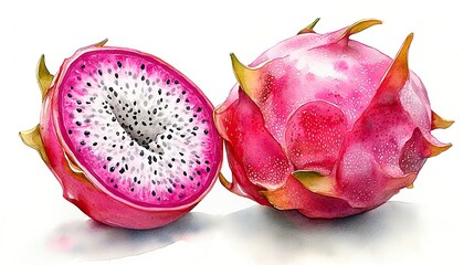 dragon fruit whole and half clipart digital watercolor clipart detailed illustration