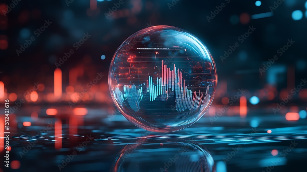 Poster a high-tech workspace with a transparent holographic globe displaying real-time global information