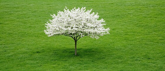 Beautiful Blooming White Tree on Lush Green Grass Landscape