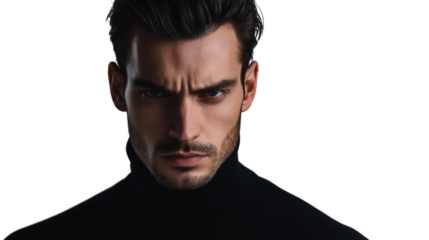 Serious-looking male actor, dark turtleneck, intense gaze, cinematic shadows, isolated on white png 