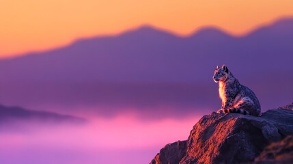 Majestic Snow Leopard Perched on Rocky Outcrop at Sunset Over Misty Mountain Landscape