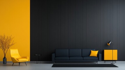 Modern Minimalist Living Room Interior Design: Black and Yellow Contrast