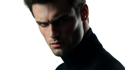 Serious-looking male actor, dark turtleneck, intense gaze, cinematic shadows, isolated on white,png