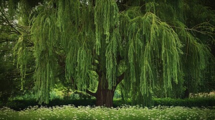 Lush Green Willow Tree with Long Drooping Branches in Serene Setting