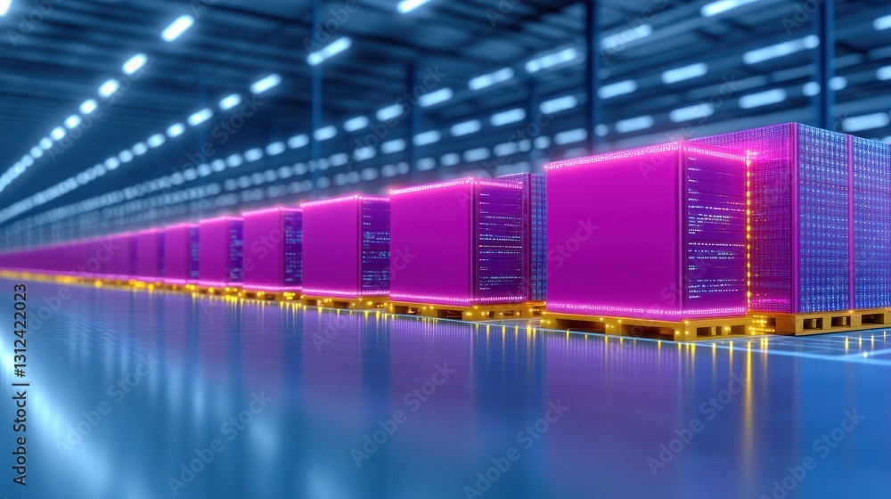 Poster futuristic data center: rows of illuminated data cubes in a modern warehouse