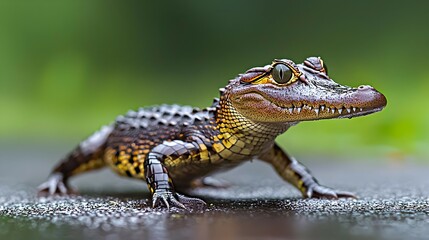 Obraz premium Baby Crocodile Portrait: Closeup of a Small Reptile in a Lush Green Tropical Environment