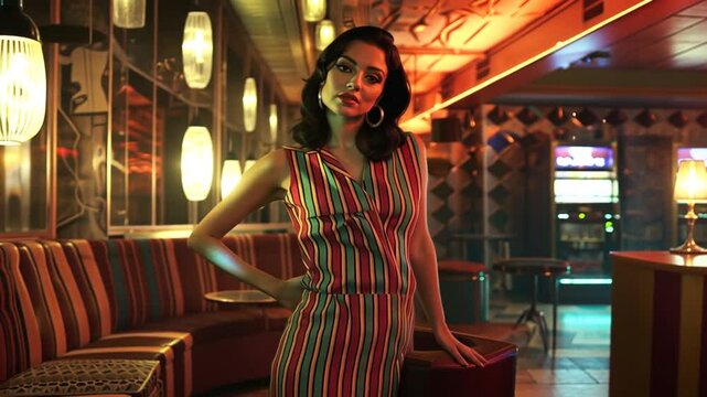 Junge Frau in gestreiftem Kleid in einer Bar