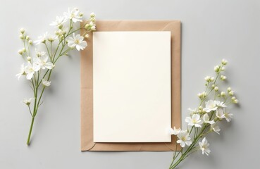 Blank invitation card mockup with white flowers, craft envelope. Wedding greeting template, copy space. Stylish marriage wish design. Trendy elegant natural holiday decor topview layout for message.