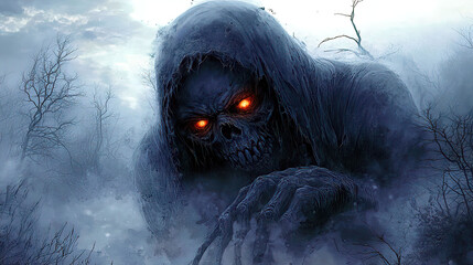 Features a hooded Grim Reaper with a skull skeleton and undead dark fantasy theme. Dark Mysterious Figure with Glowing Eyes in Foggy Landscape