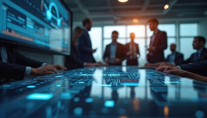 Business meeting in hi-tech office with people, digital display table. Team discusses strategy. Innovation, regulation, online electronic privacy information tech, software, hardware. Network