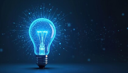 Tech style glowing blue light bulb with lines inside on dark background. Represents modern technology idea, creative innovation, inspiration, future solutions, electricity, power, bright object.