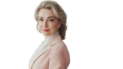 Mature woman in an elegant outfit, soft kind expression, classic beauty, subtle lighting, white background png 