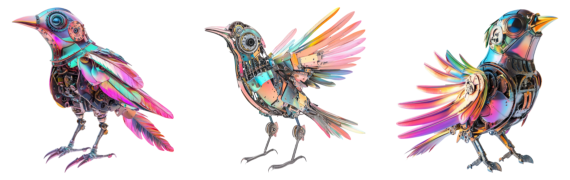 Colorful Mechanical Birds on Transparent Background for Design Use