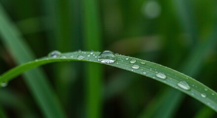 Water Droplets on a Blade of Green Grass Macro View