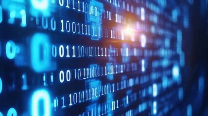 Flowing neon blue binary code on a dark computer screen creates a dynamic technological background, embodying the essence of digital innovation