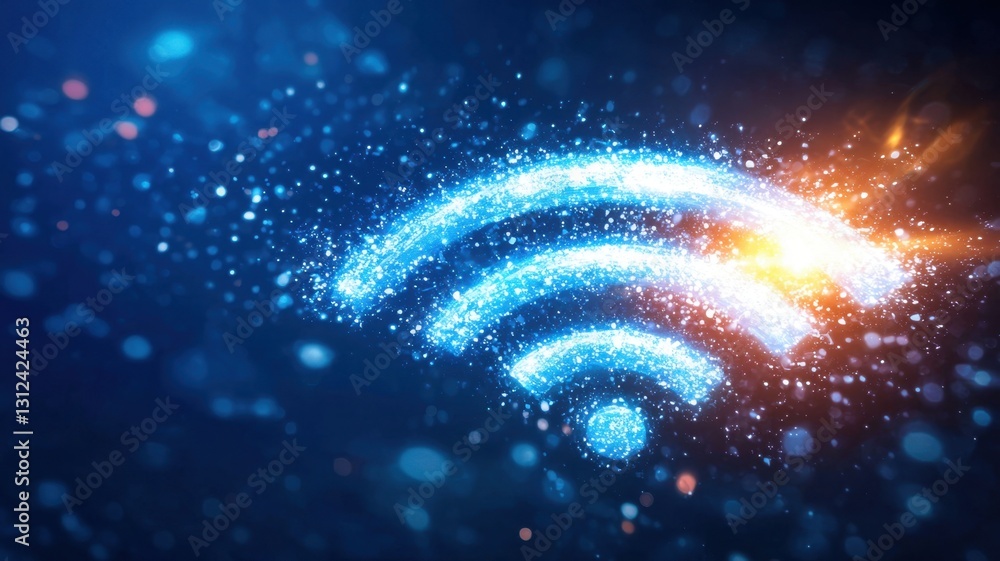Poster wifi symbol made of digital particles spreading through cyberspace, representing wireless internet c