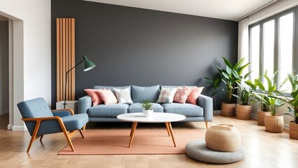 The interior has a sofa and armchair on empty dark wall background.