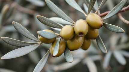 Olives ripen on a branch amidst grey-green leaves, a natural close-up showcasing nature's bounty.