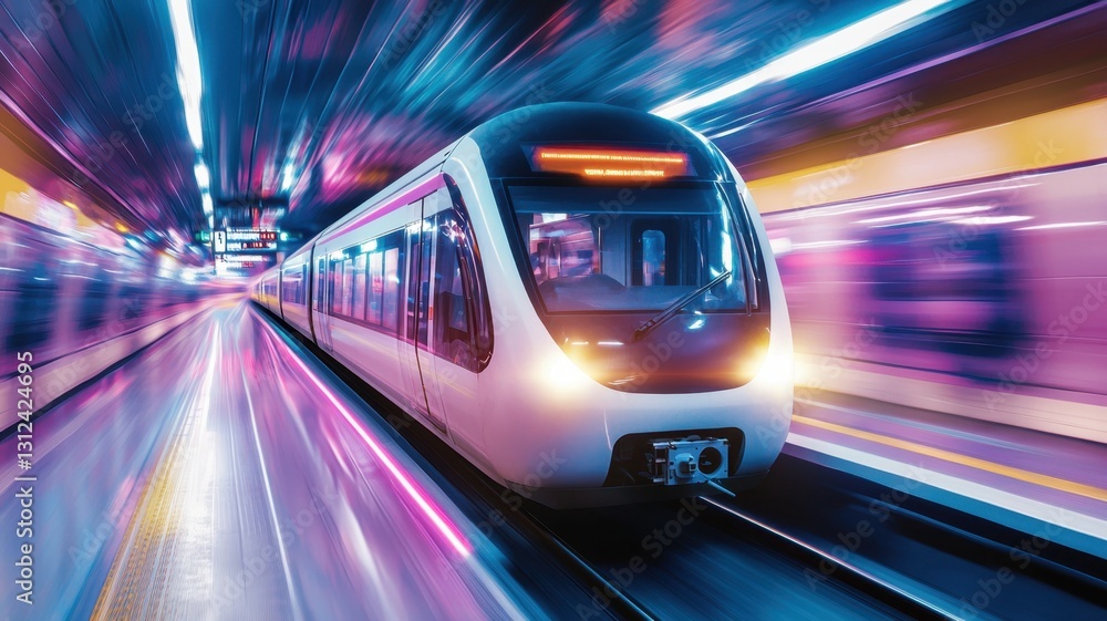 Poster futuristic high speed train speeding in a tunnel with colorful neon motion blur light trails effect,