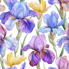Watercolor Iris Seamless Pattern Vibrant Floral Design, Botanical Illustration, Flower Wallpaper Iris, Watercolor, Seamless Pattern