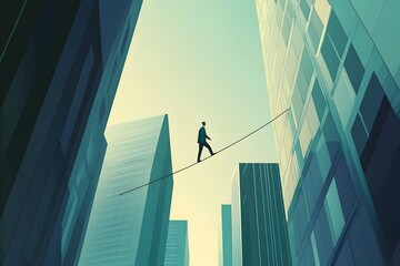 Man Walking on Tightrope Between Tall Buildings Risk and Challenge
