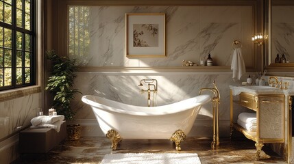 A luxurious bathroom interior featuring a golden claw foot bathtub