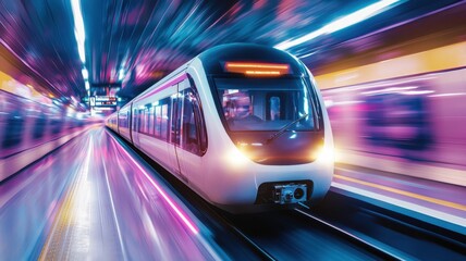 Fototapeta premium Futuristic high speed train speeding in a tunnel with colorful Neon motion blur light trails effect, transportation and technology concept background