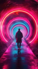 Vibrant neon tunnel glowing with pink and blue lights as person walks through at night