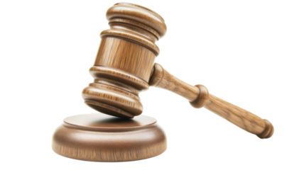 Wooden gavel resting on sound block with transparent background