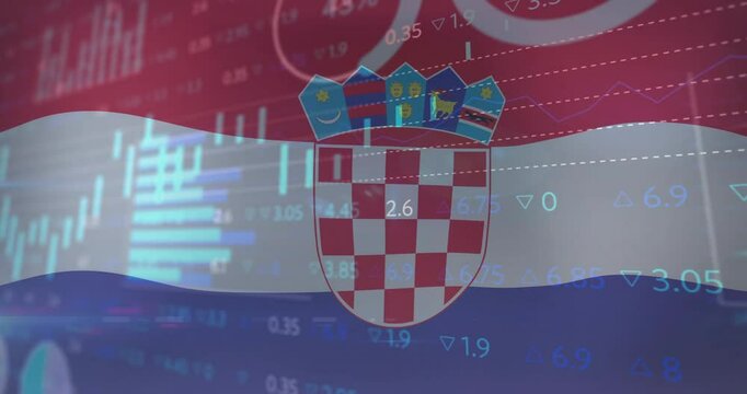 Financial data and graphs overlaying Croatian flag and coat of arms animation