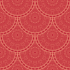 Vector Japanese seamless pattern in oriental geometric traditional style. Festive ornament for lunar chinese new year decoration. Red and golden asian creative motif. Abstract Waves and Circles.