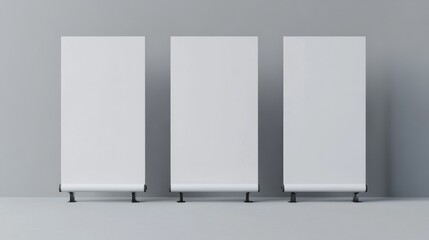 Three Vertical Blank Roll Up Banners Mockup, Minimalist Design, Advertising Concept, Display Stand, Trade Show Roll Up Banner, Mockup