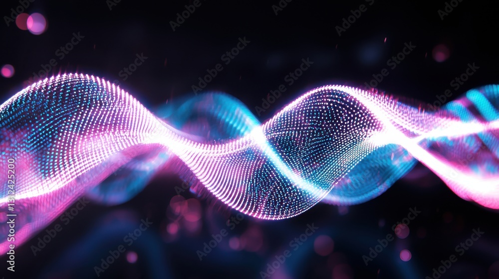 Poster digital abstract data wave shimmering, glowing particles forming cybernetic motion light lines neon 