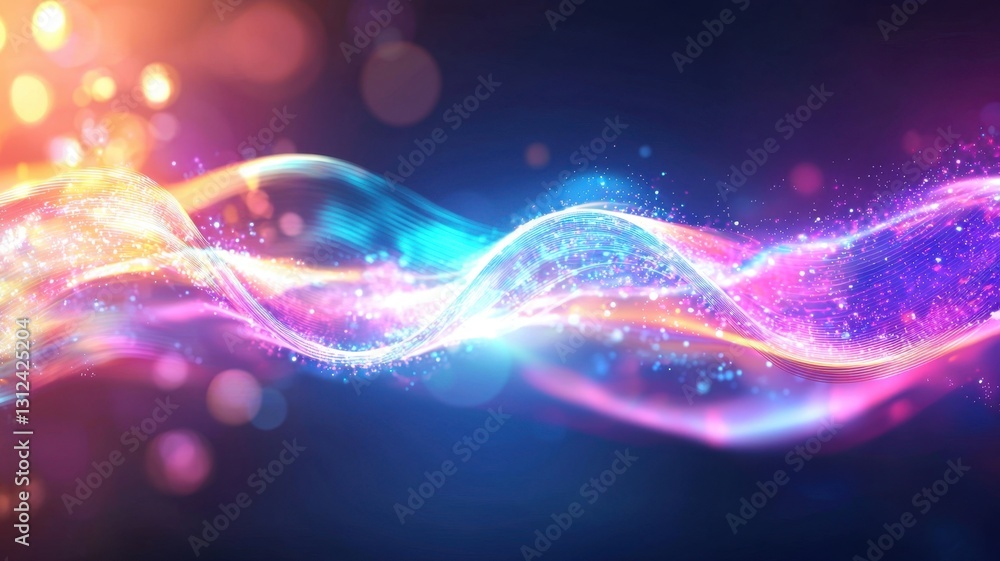 Poster digital abstract data wave shimmering, glowing particles forming cybernetic motion light lines neon 