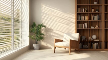 Sunlit Reading Nook Wooden Chair, Bookshelf, Plant, Window Blinds, Minimalist Interior Design, Cozy Room, Home Decor Minimalist