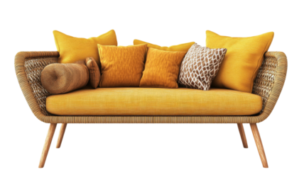 Modern comfortable yellow sofa with pillows on transparent background