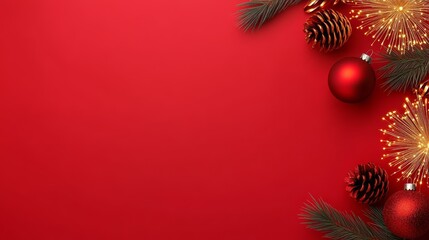 Red Christmas Background Flatlay Composition with Ornaments and Pine, Christmas Decorations, Holiday Design Christmas card, Festive background