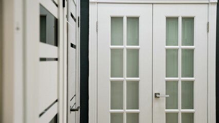 Modern white double doors with frosted glass panes are displayed in a showroom, offering various perspectives of their design and functionality