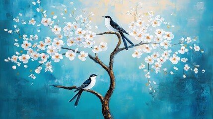 Oil Painting Two Birds on Cherry Blossom Tree, Teal Background, Nature Art Keywords Birds, Flowers