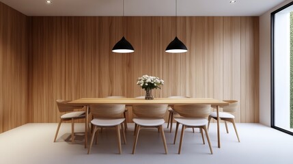 Fototapeta premium Minimalist Dining Room Wood Panel Wall, Light Wood Table and Chairs, 3D Render, Interior Design,Modern Decor,Pendant Lights Minimalist,Interior Design