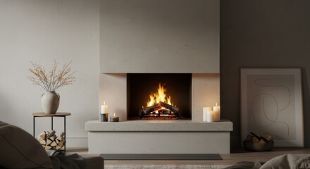 Cozy Fireplace Scene with Burning Logs and Decorative Elements