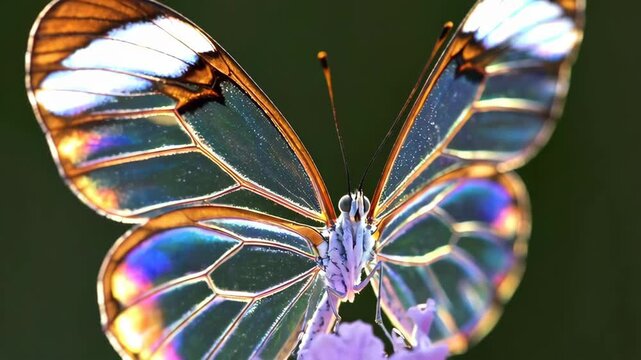 Close-up of a glasswing butterfly on a purple flower, showing its transparent, iridescent wings