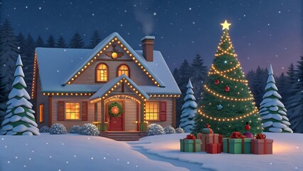 Cozy Winter Wonderland Scene with Christmas Tree and Snow-Covered House in a Festive Holiday Setting