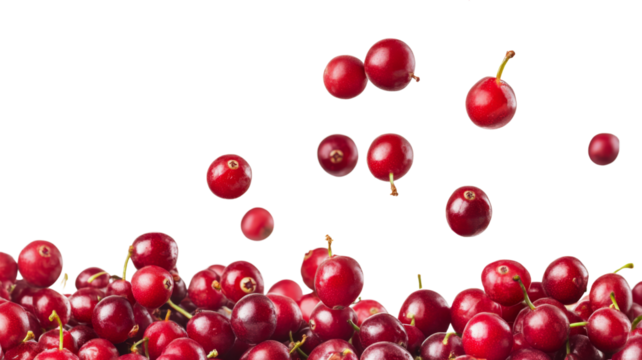 Fresh red cherries falling on a transparent background