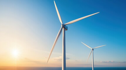 Modern Wind Turbines Against Bright Sky and Ocean Horizon